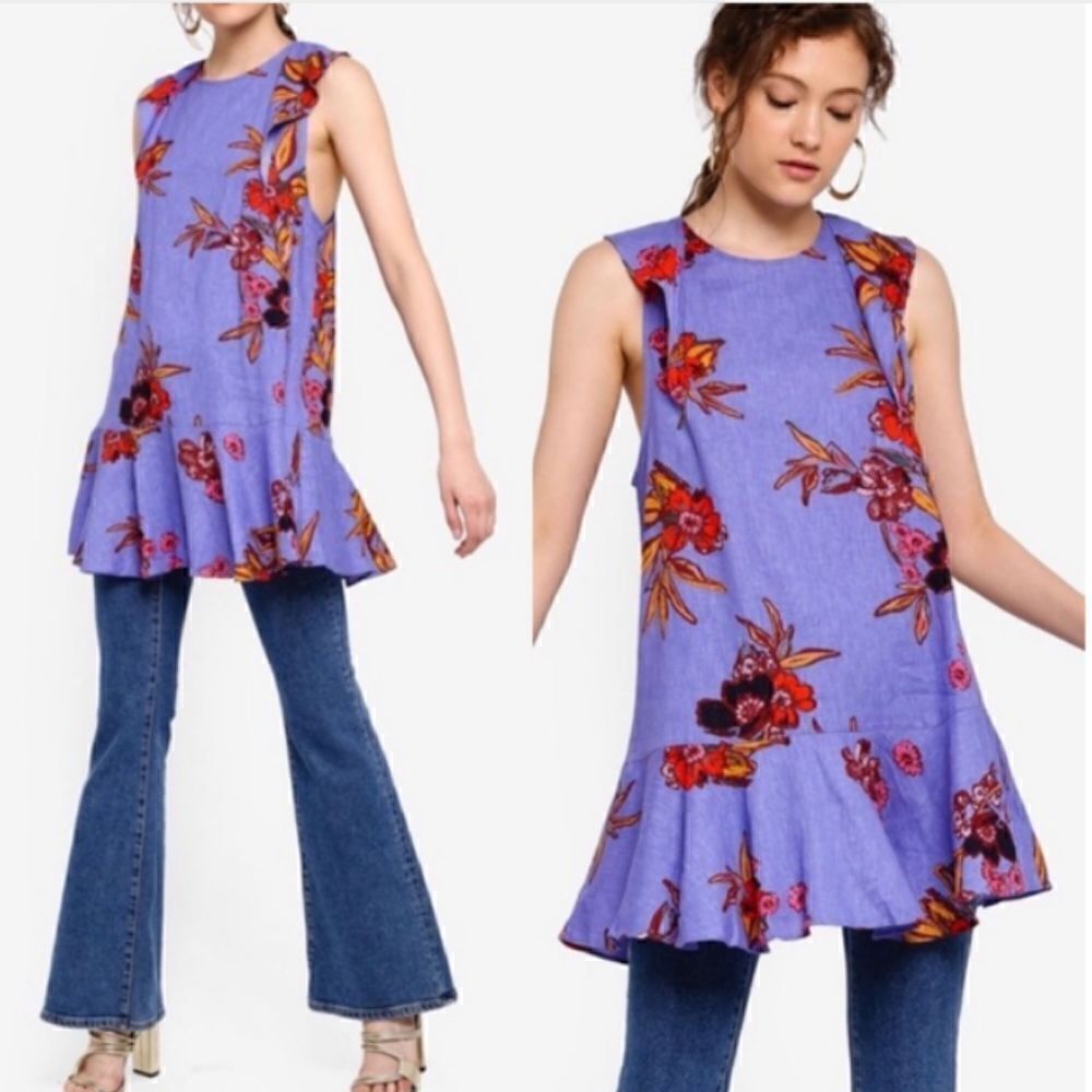 Free People Summer in Tulum Tunic Top Size S Blue Floral Linen Blend Flutter